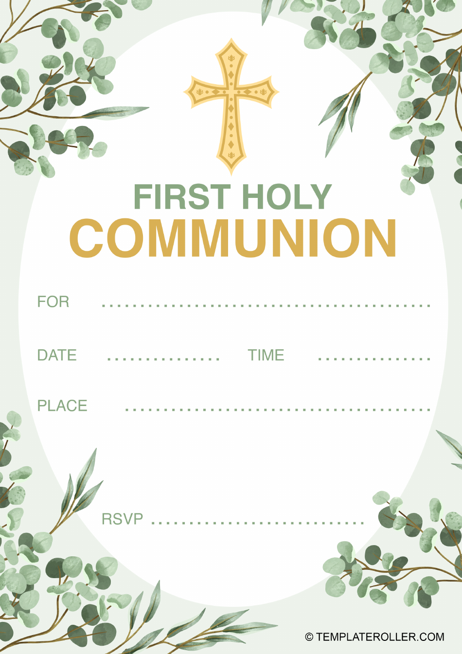 First Communion Invitation Template Green Download Printable PDF 