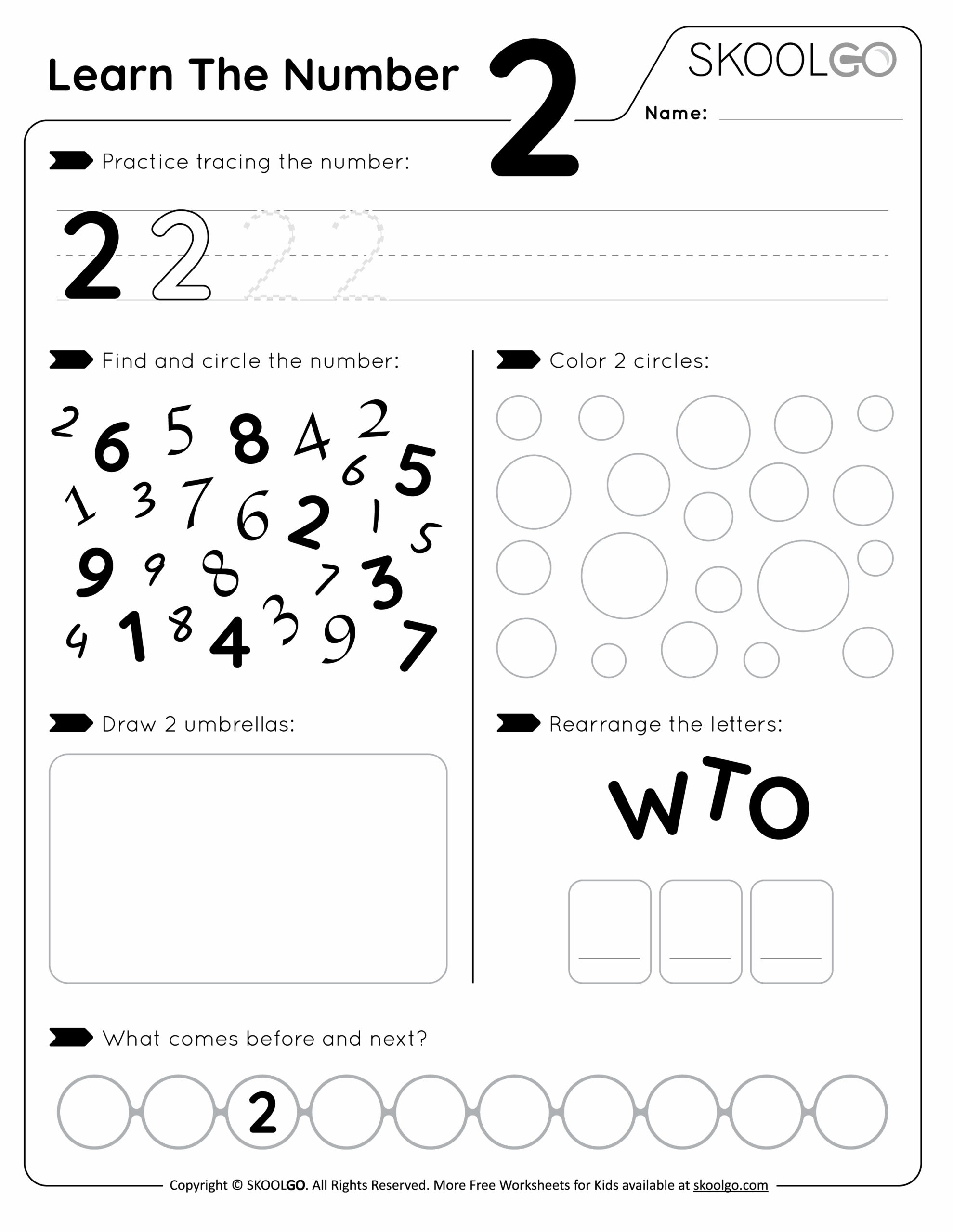 Flashcard Number 2 Preschool Worksheet Black And White Rainbow 