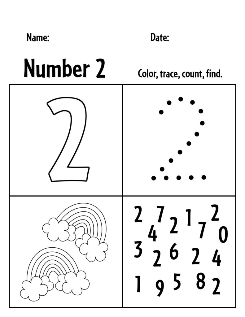 Flashcard Number 2 Preschool Worksheet Black And White Rainbow 