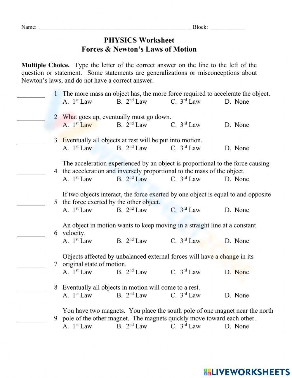 newton's laws of motion worksheet