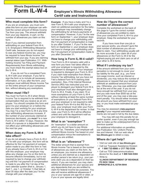 Form IL W 4 Employees Illinois Withholding Allowance Certif Cate 