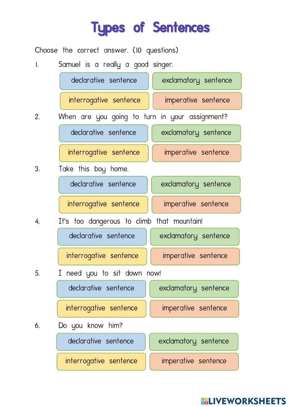 types of sentences worksheets