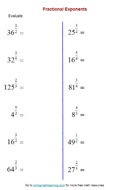 Fractional Exponents Worksheet printable Online Answers Examples 