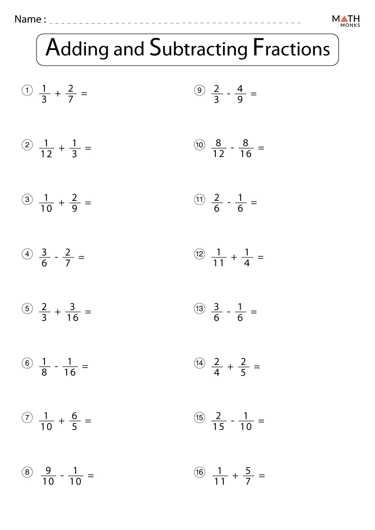 Fractions Addition And Subtraction Worksheet Class 7