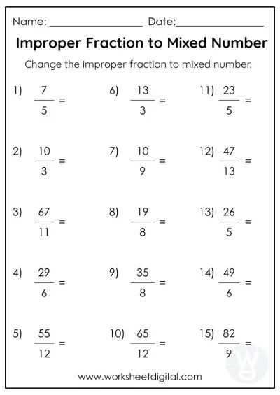 Fractions Worksheet Improper Fraction To Mixed Number