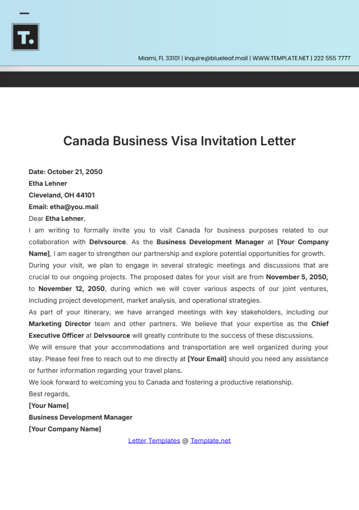 canada visa invitation letter template