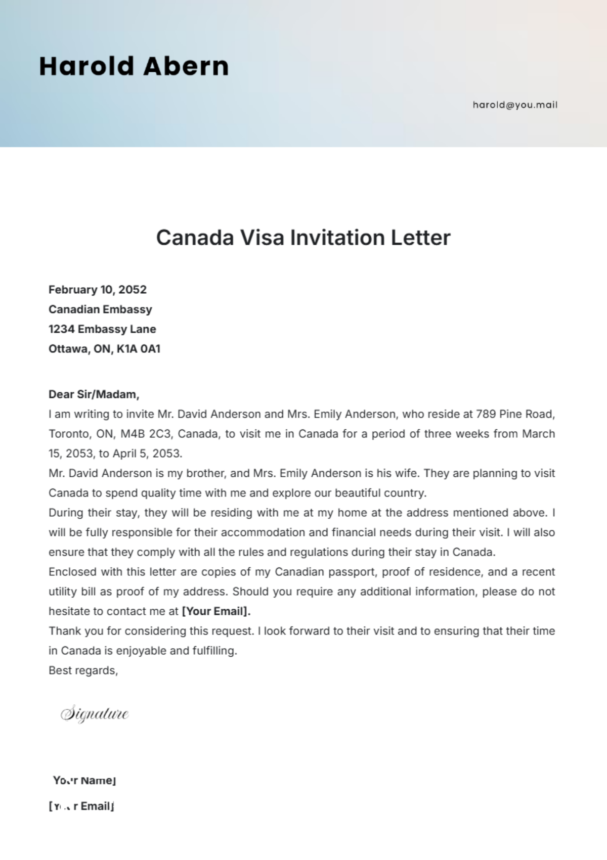 Free Canada Visa Invitation Letter Template To Edit Online