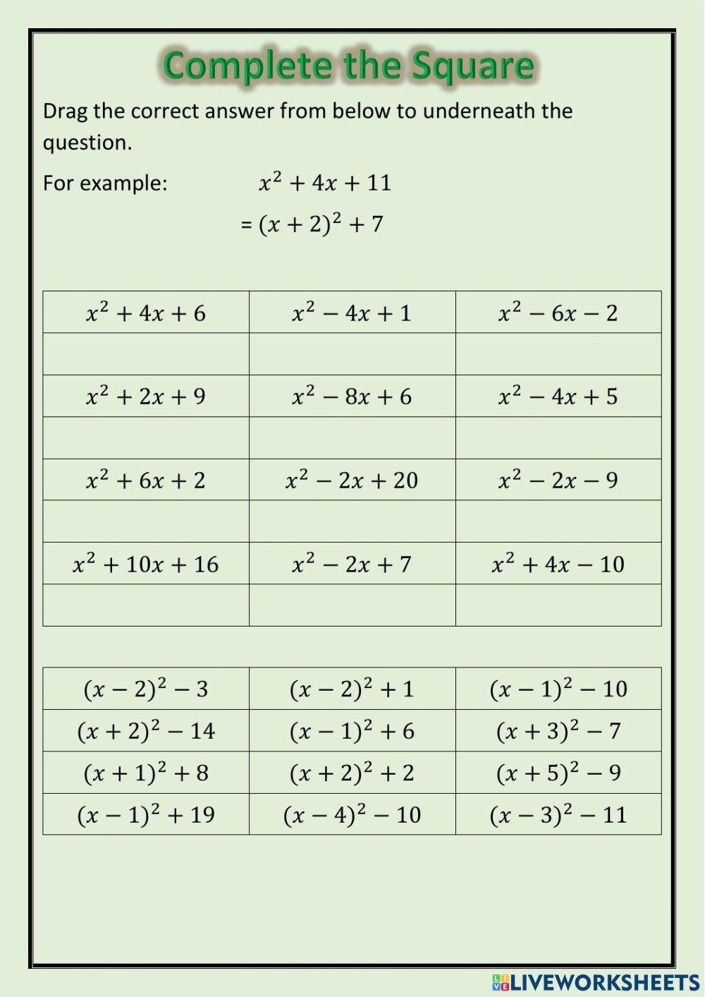 complete the square worksheet