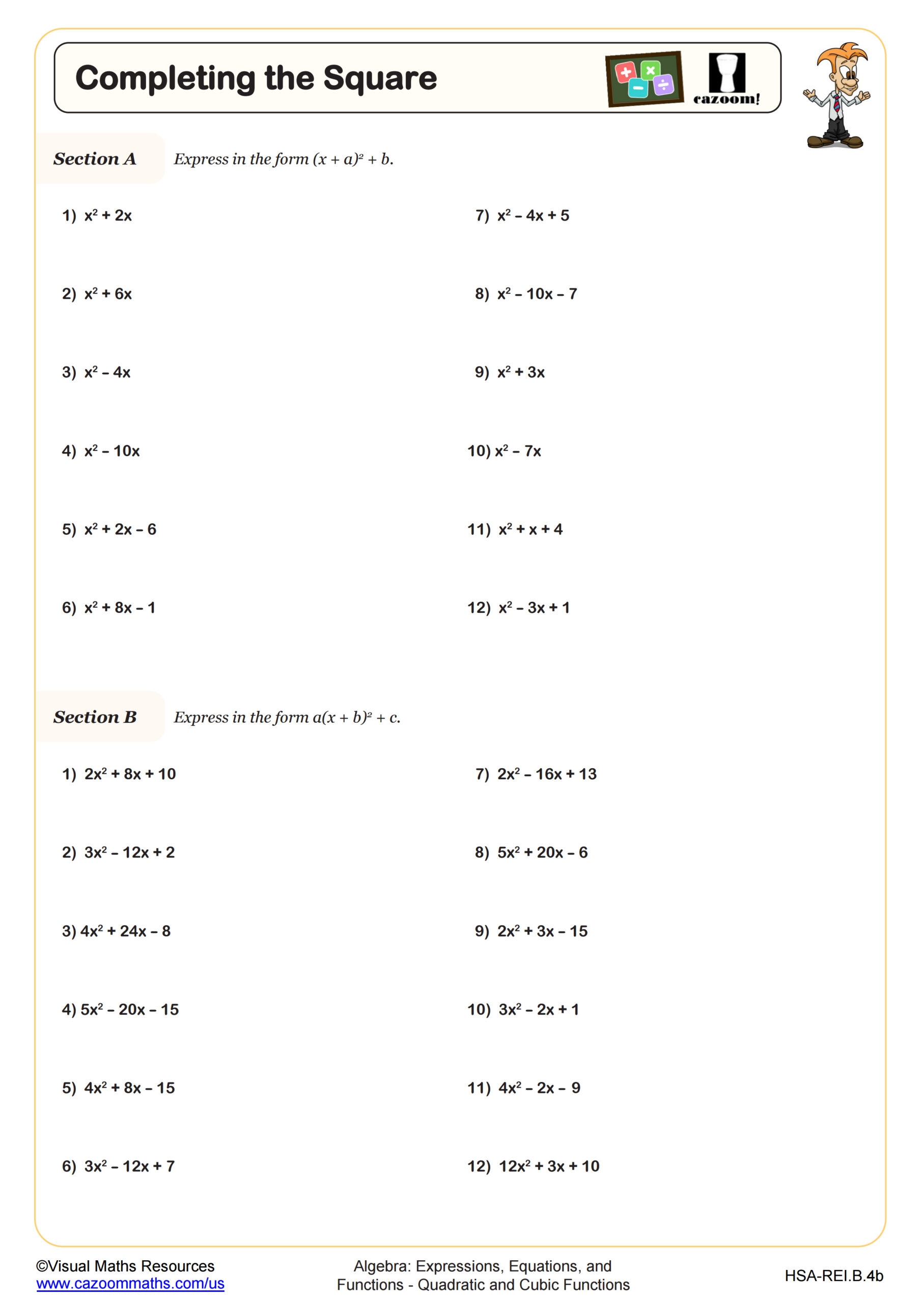 Free Complete The Square Worksheet Download Free Complete The Square 