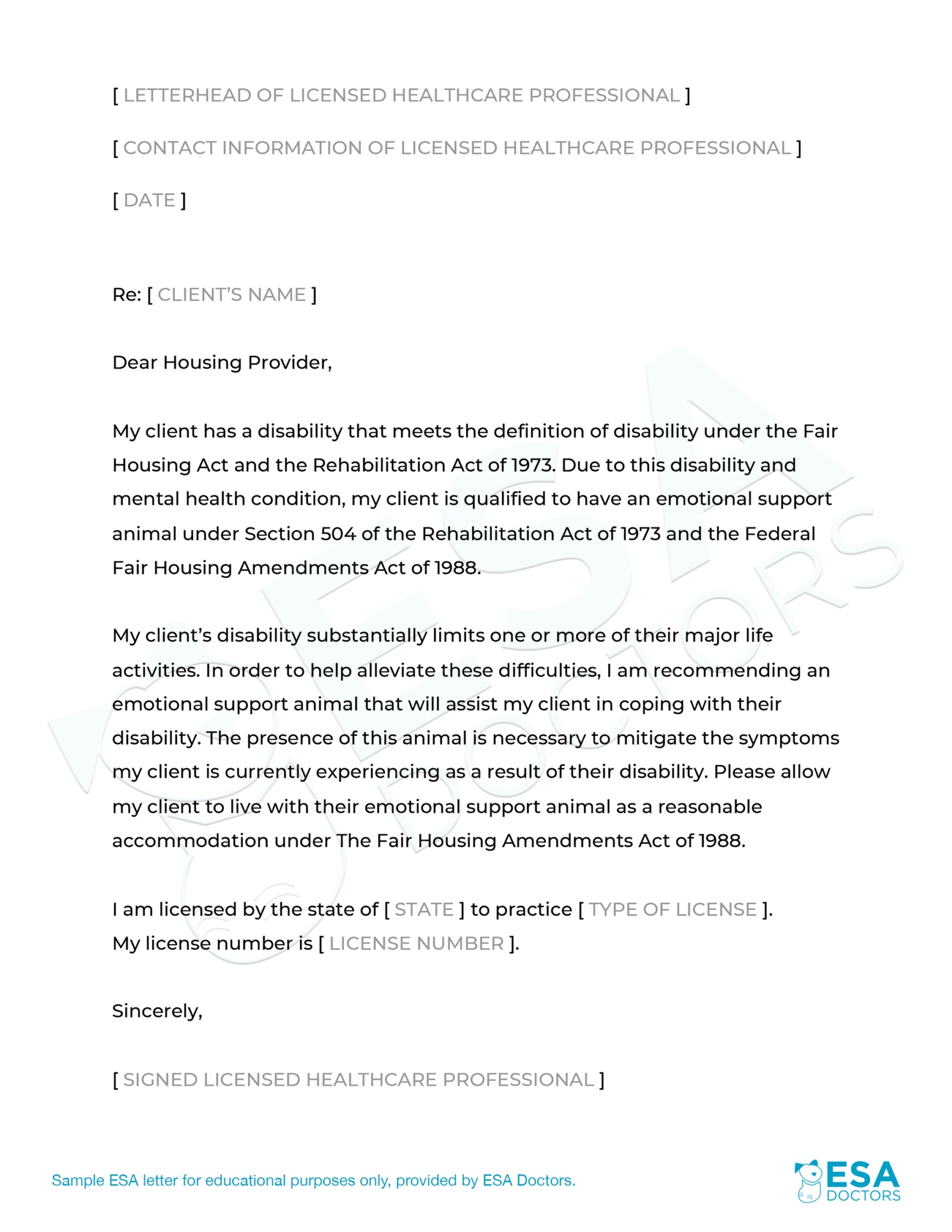 free printable esa letter template