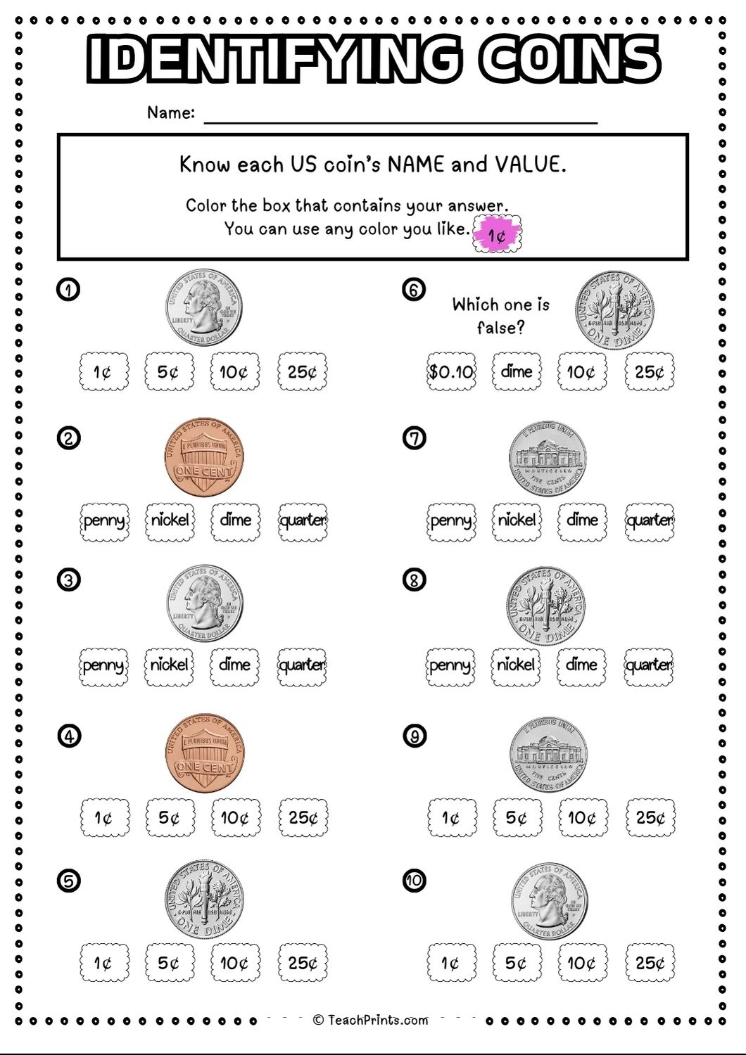 Free Identifying Coins Worksheets Teach Prints