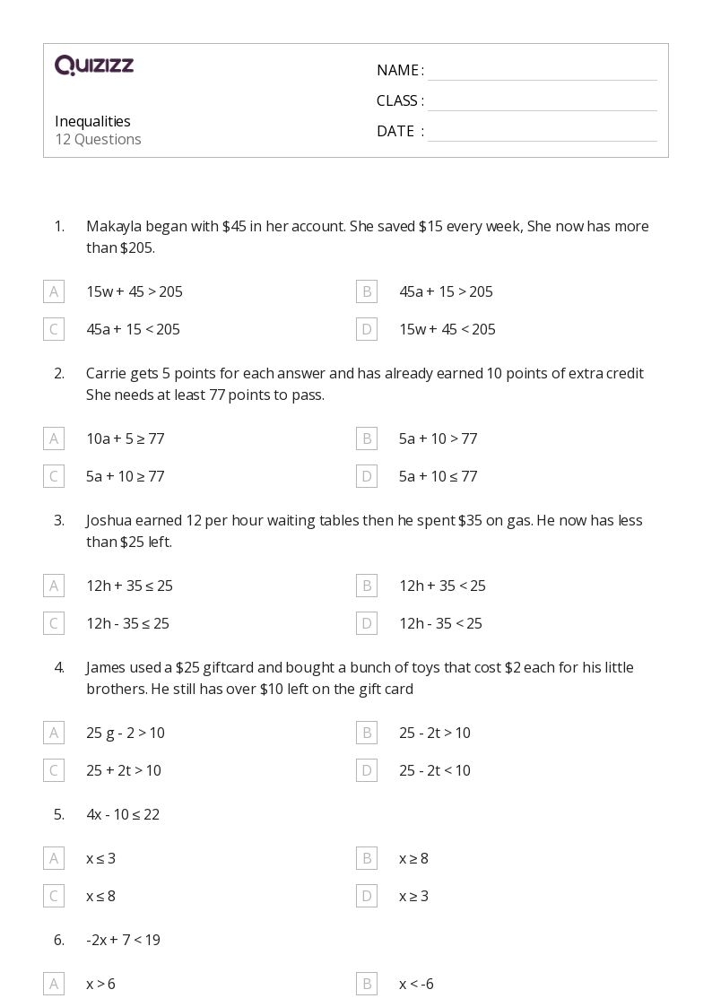 inequality worksheets