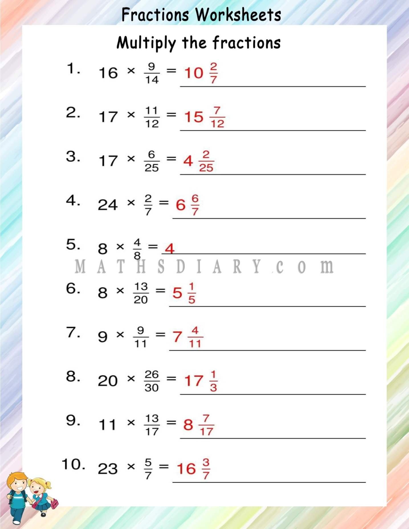multiplying fractions times whole numbers worksheets
