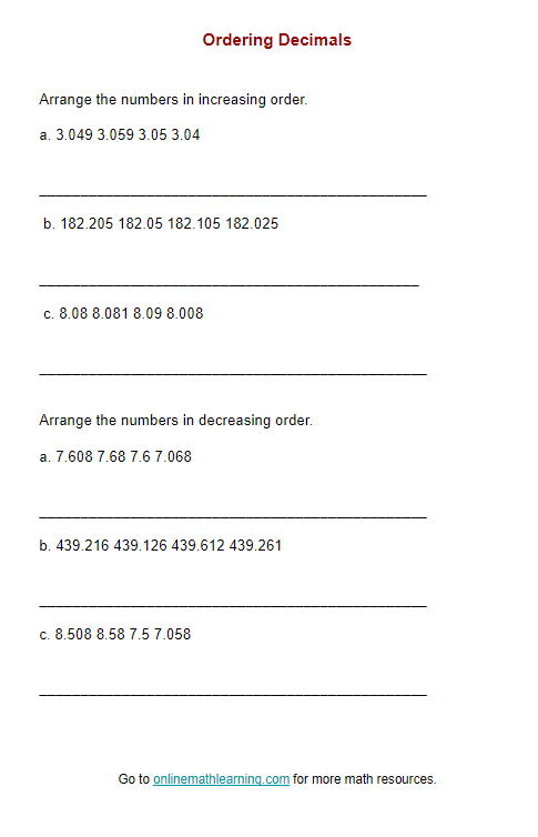 Free Ordering Decimals Worksheet Download Free Ordering Decimals 