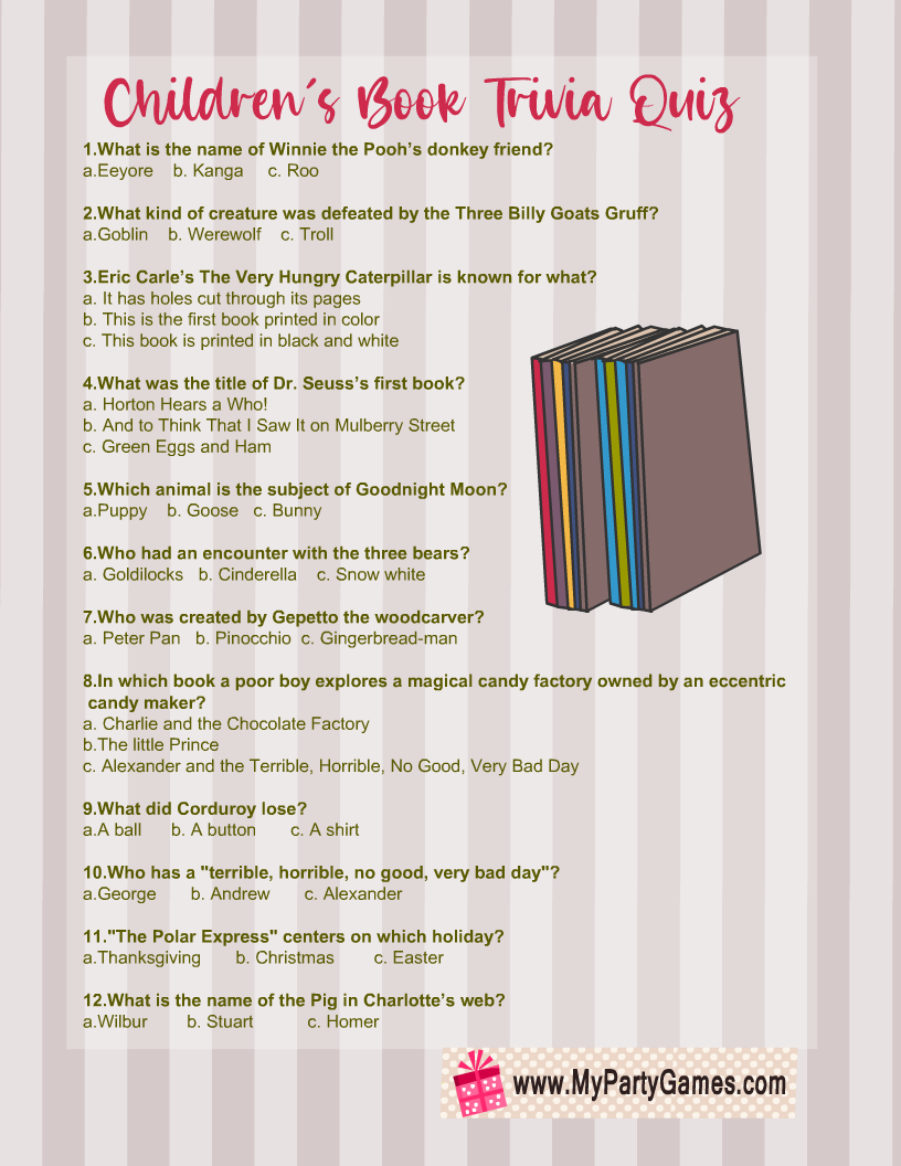Free Printable Children s Books Trivia Quiz