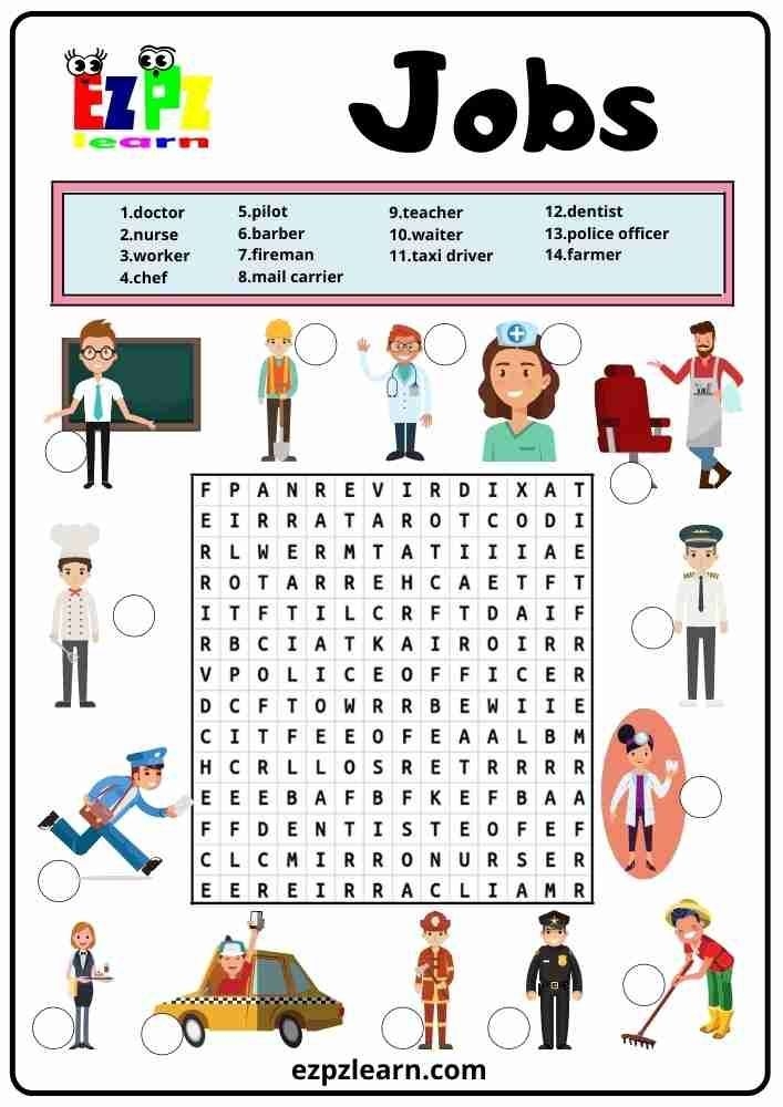 Free Printable English Game Word Search Topic Jobs Worksheet For Kids 