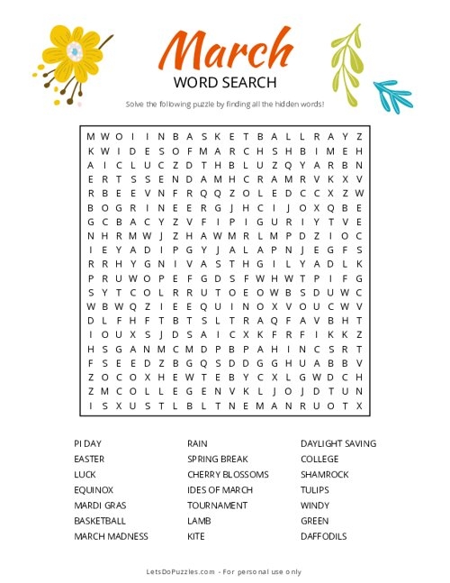 Free Printable March Word Search Worksheets Library