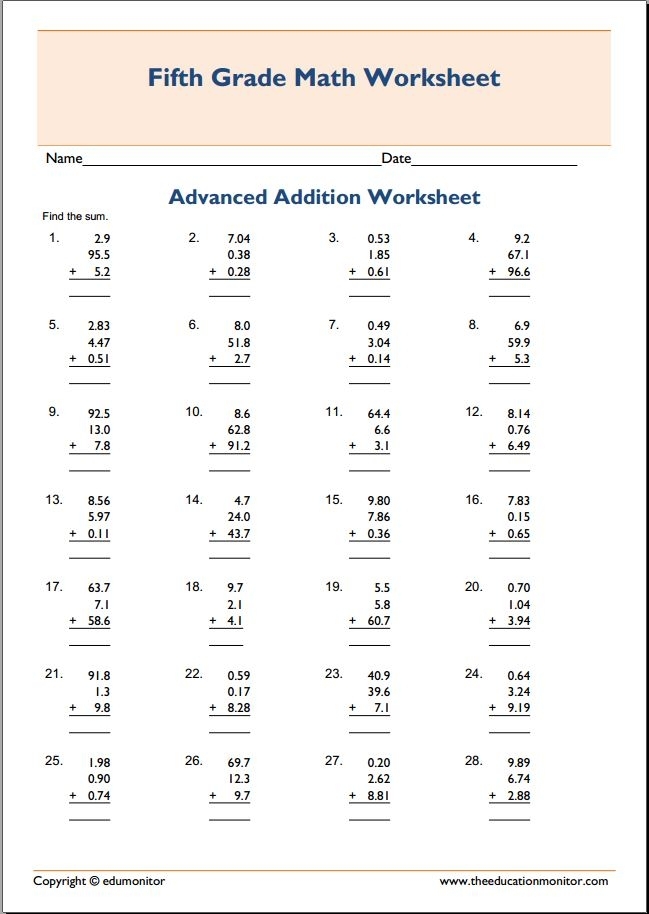 free math worksheets for 5th grade