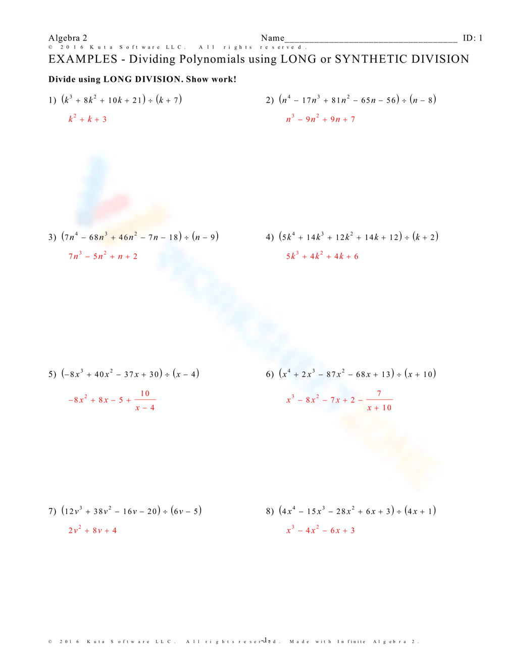 synthetic division worksheet