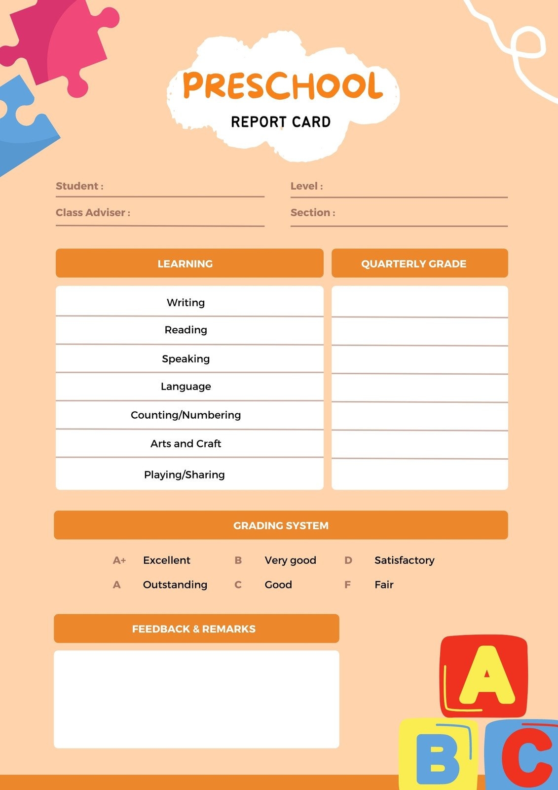 free printable report cards for preschool