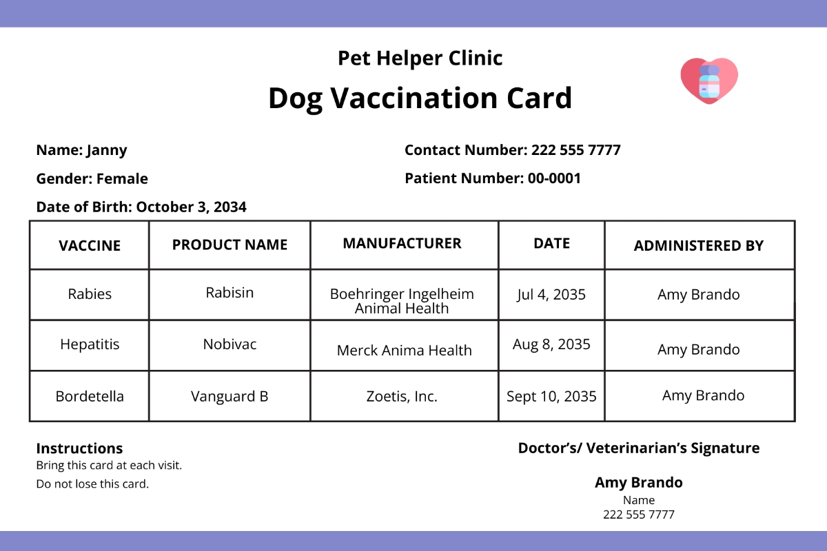 free printable puppy vaccination record card