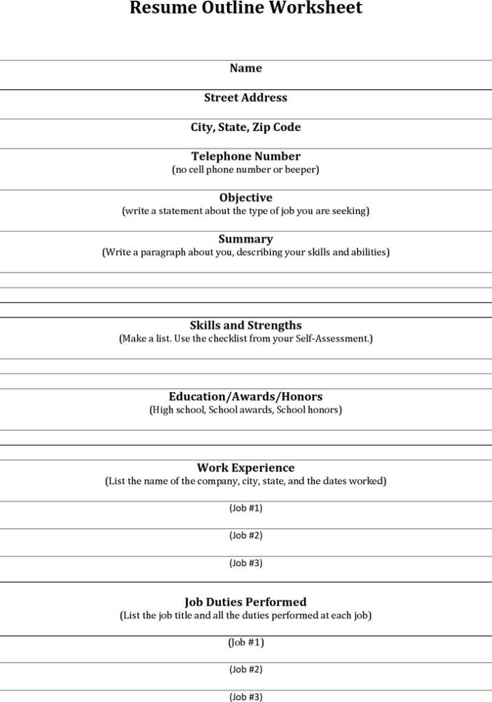 Free Printable Resume Worksheet