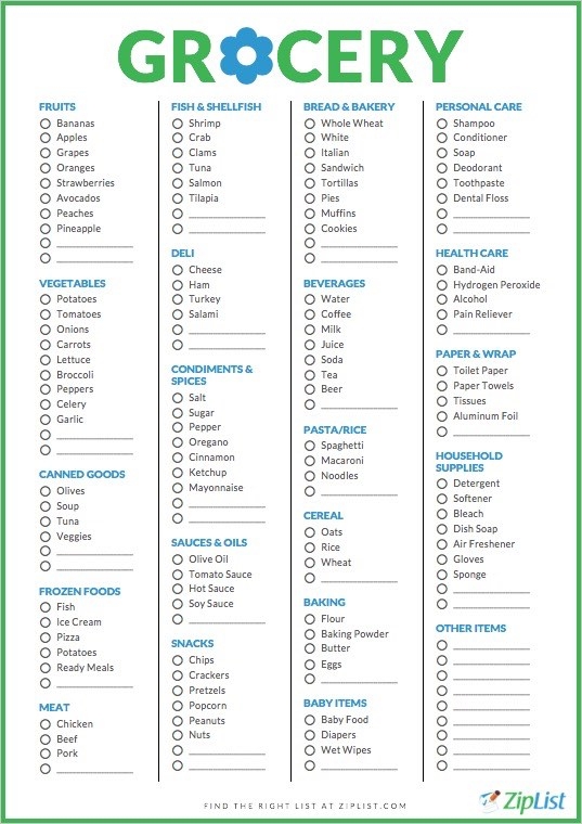 shopping list template free printable