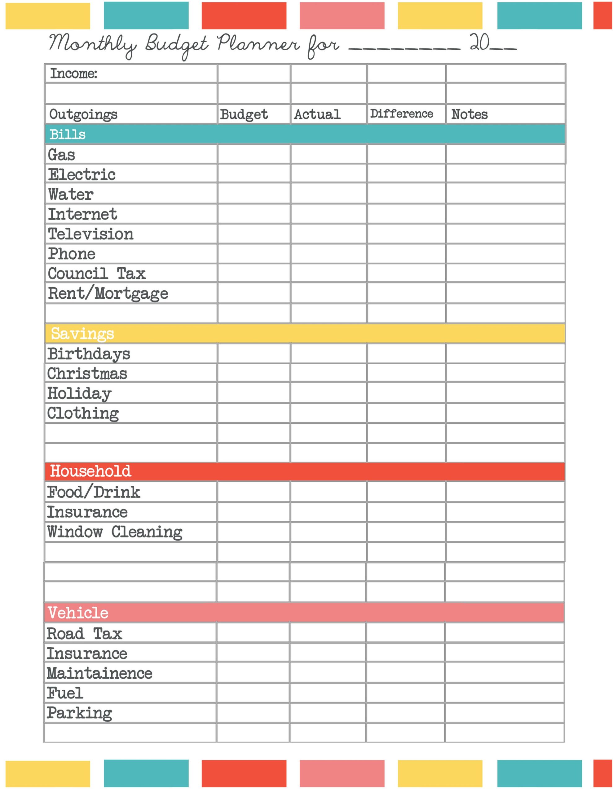 free printable budget template