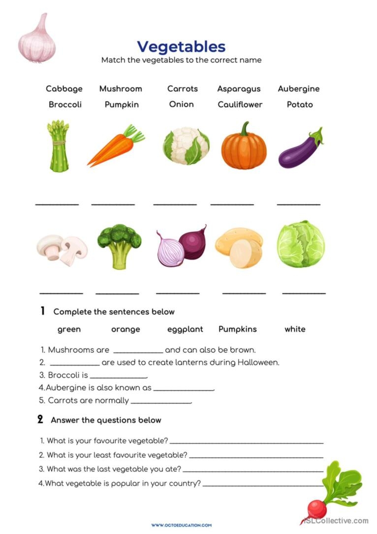 printable vegetables worksheet for kindergarten