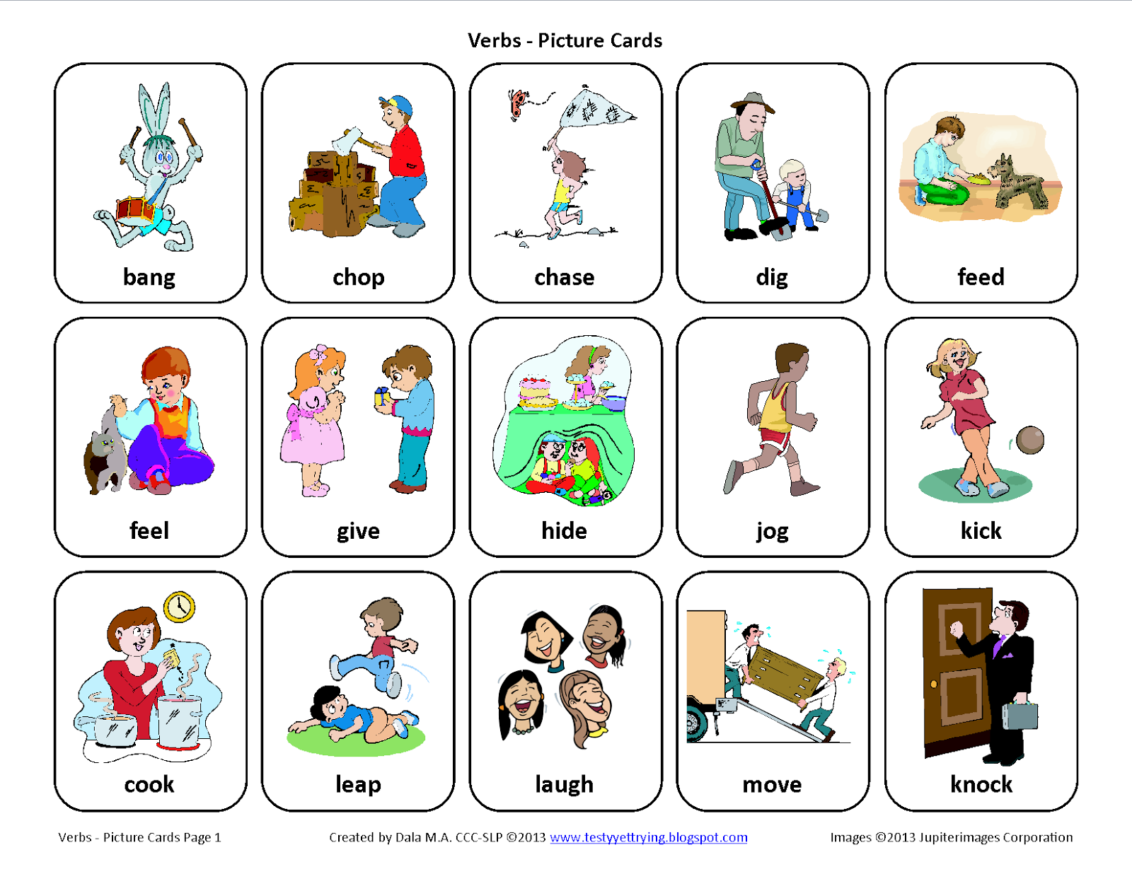 free printable verb picture cards