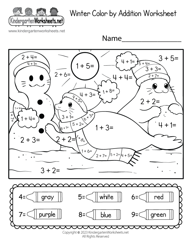 Free Printable Winter Color By Addition Worksheet