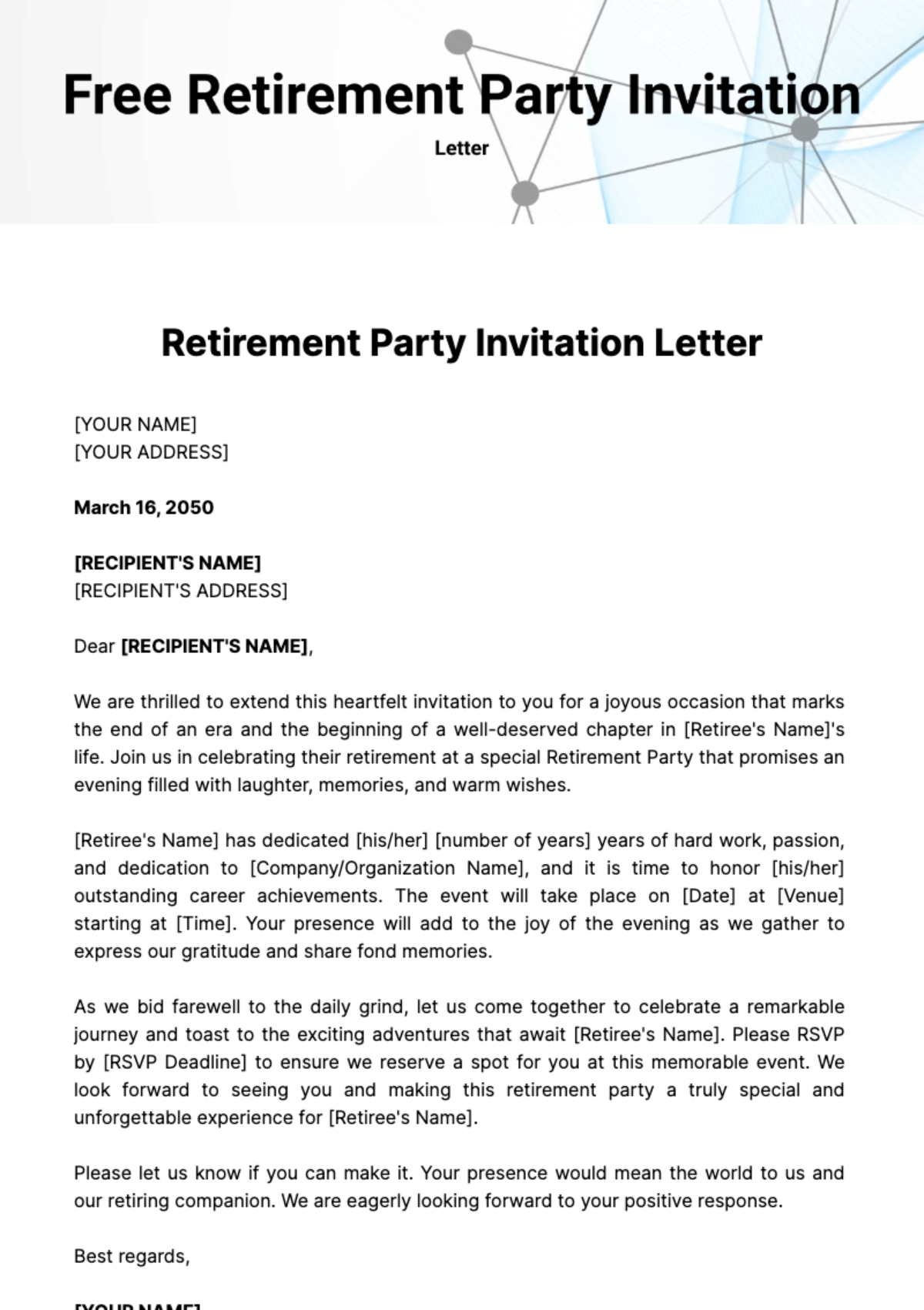 Free Retirement Party Invitation Letter Template To Edit Online