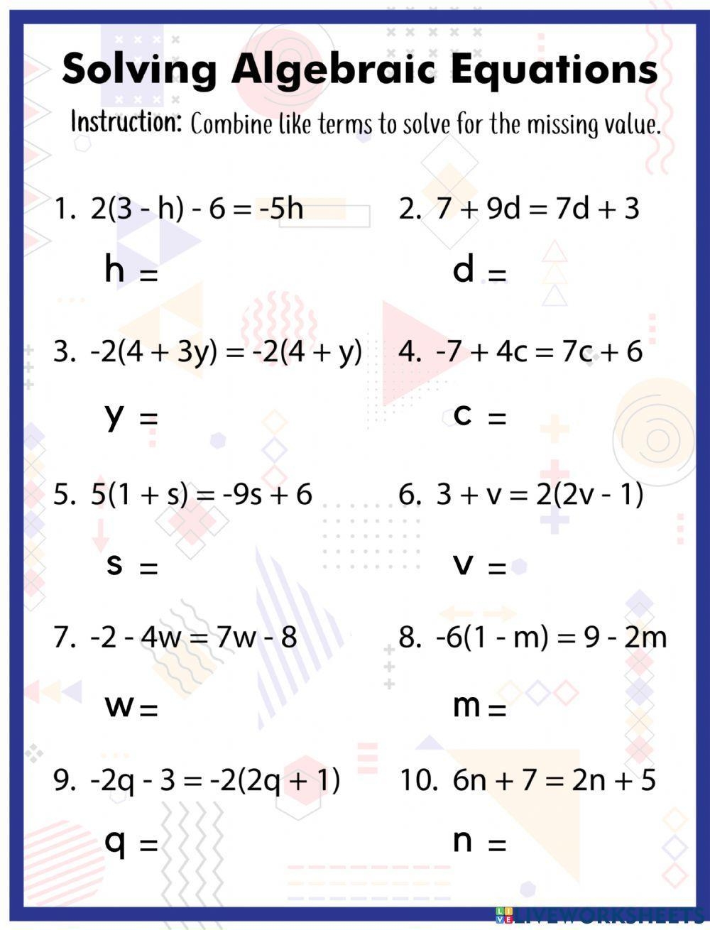 algebraic equations worksheets