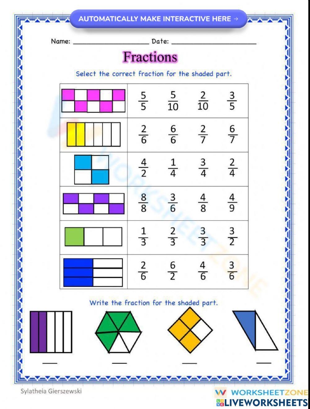 fractions worksheets grade 3