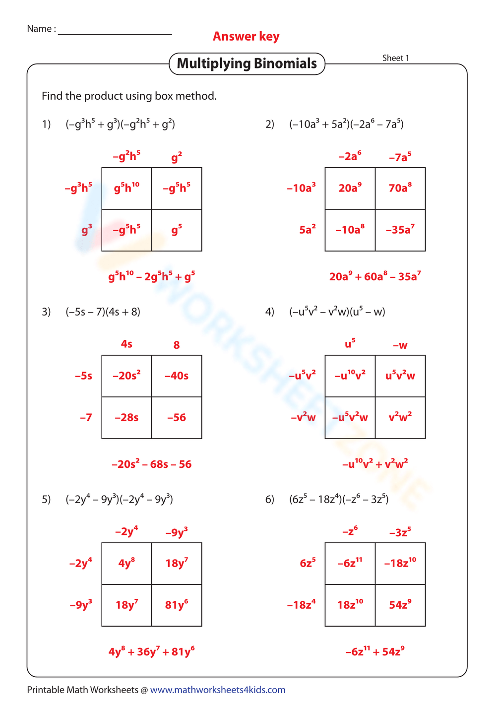 multiplication of polynomials worksheet