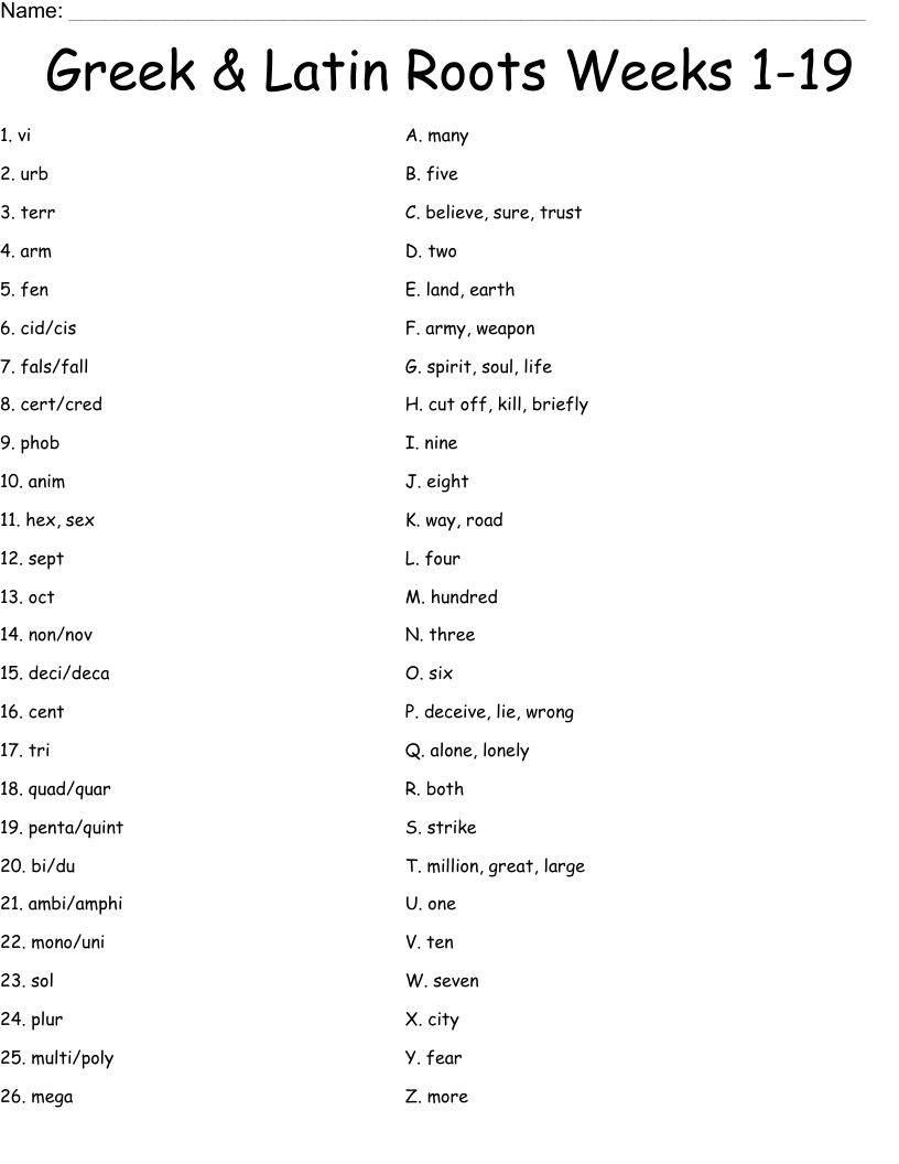 greek and latin roots worksheet