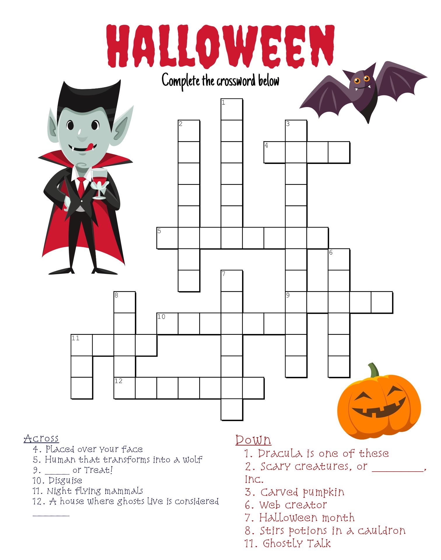 halloween crossword puzzle printable