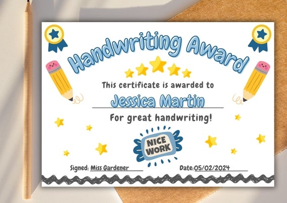 Handwriting Award Congratulations Certificate Template Childrens 