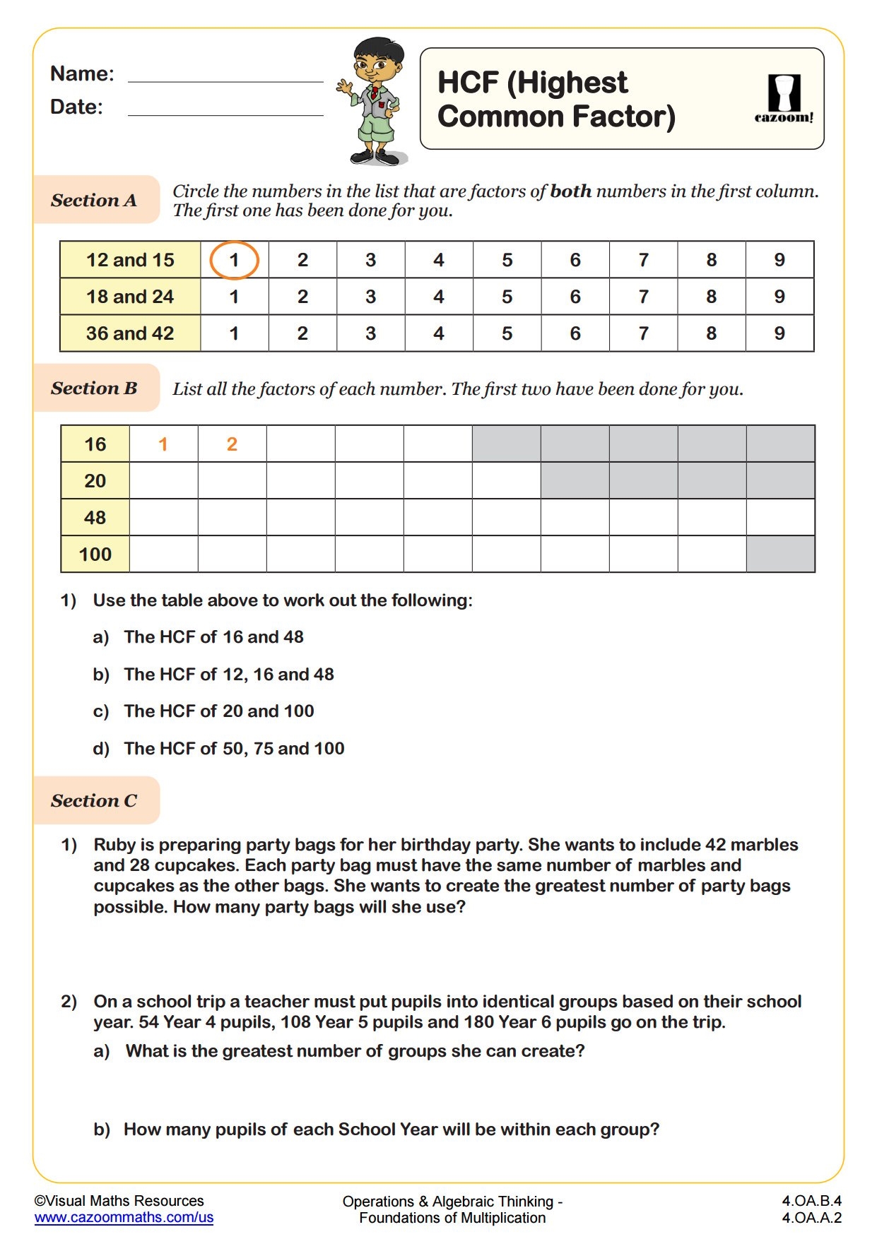 HCF Highest Common Factor Worksheet Fun And Engaging 4th Grade PDF 
