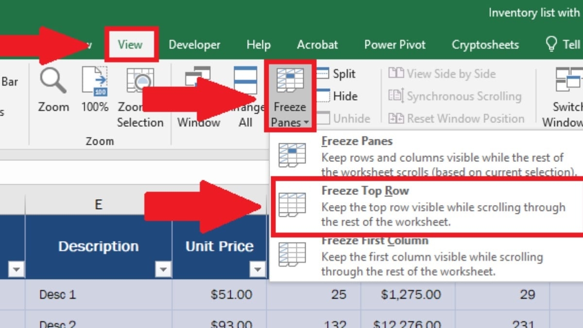 freeze the top row of the worksheet