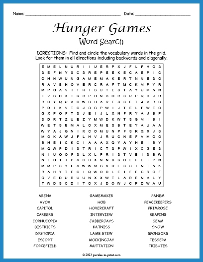 Hunger Games Word Search Worksheets Library