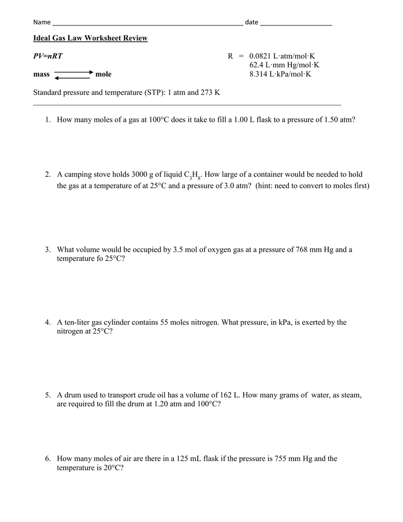 Ideal Gas Law Worksheet E streetlight
