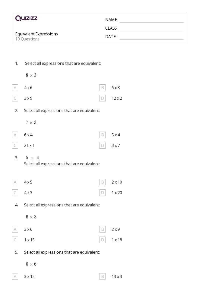 Identifying Equivalent Expressions CK 12 Foundation Worksheets Library