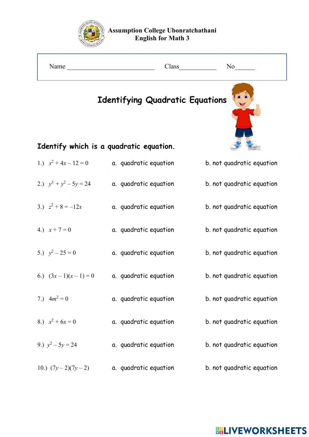 Identifying Quadratic Equation Worksheet Live Worksheets Worksheets 