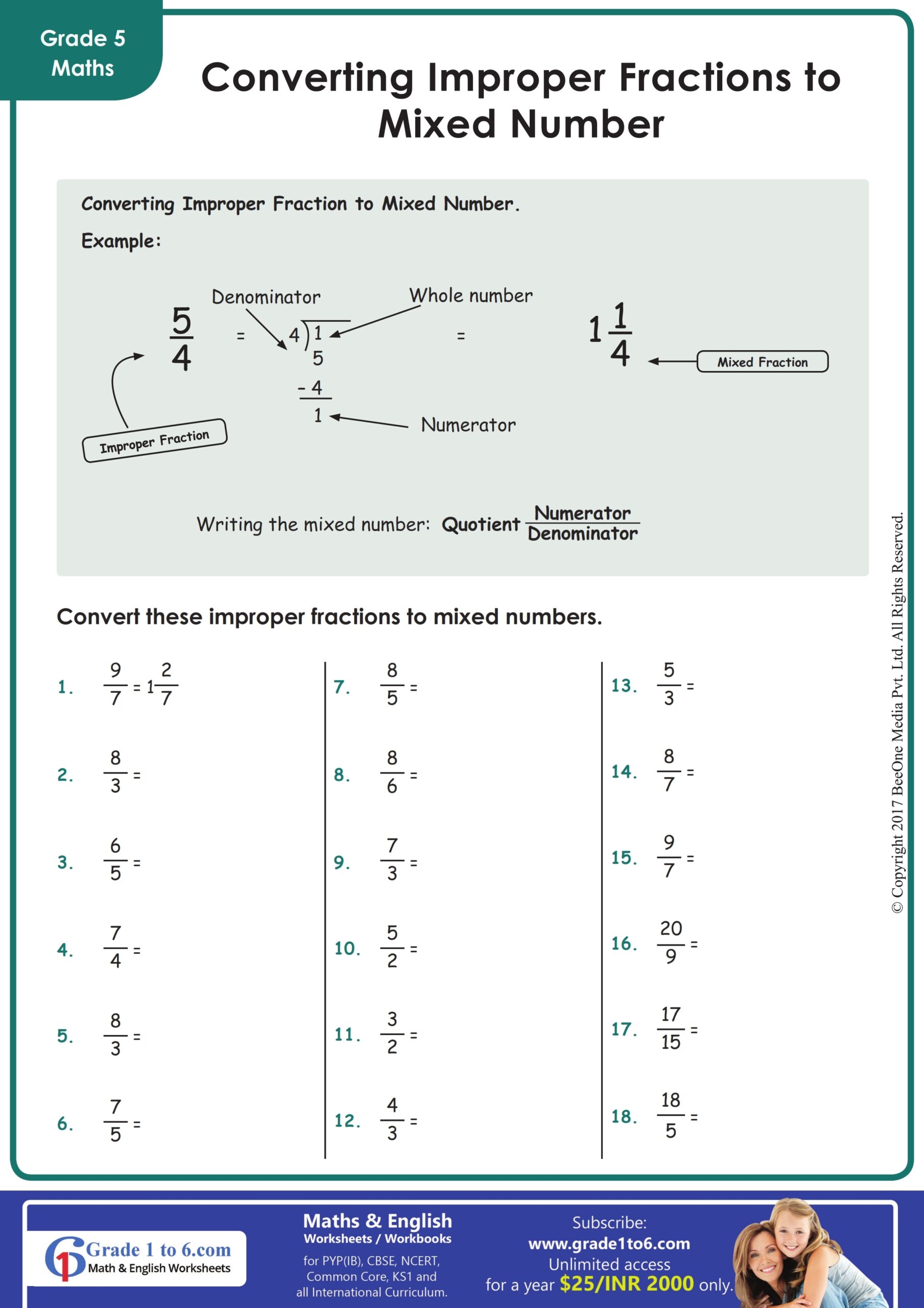 converting mixed numbers to improper fractions worksheet