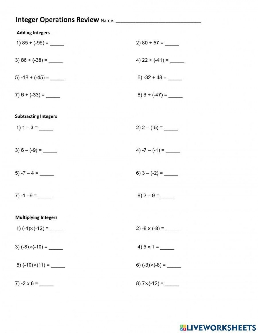 Integer Practice Worksheet For 7th Grade Printable PDF Template