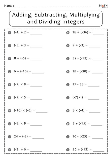 Integers Adding Subtracting Multiplying Dividing Worksheet Worksheets 