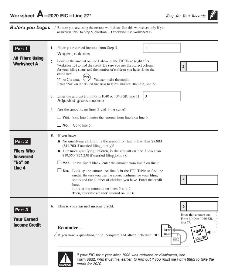 IRS Form 1040 Schedule EIC 2022 Earned Income Credit Worksheets 