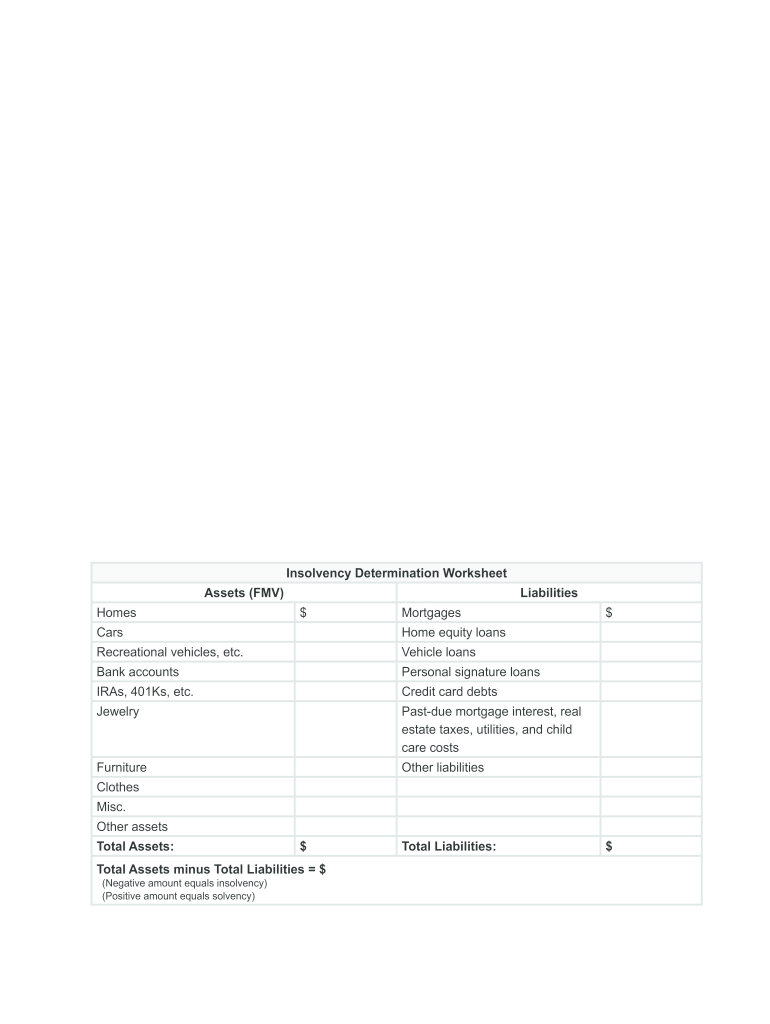 IRS Insolvency Determination Worksheet Fill Out Tax Template Online 