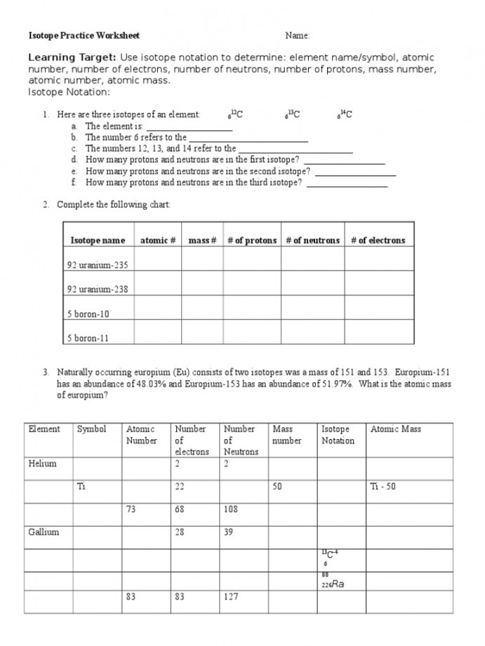 Isotope Practice Worksheet Pdf Printable PDF Template
